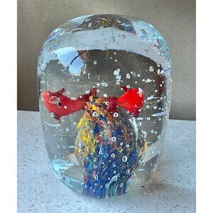 Handcrafted Blown Glass Paperweight With Colorful Fish & Bucillante Bubbles Gift